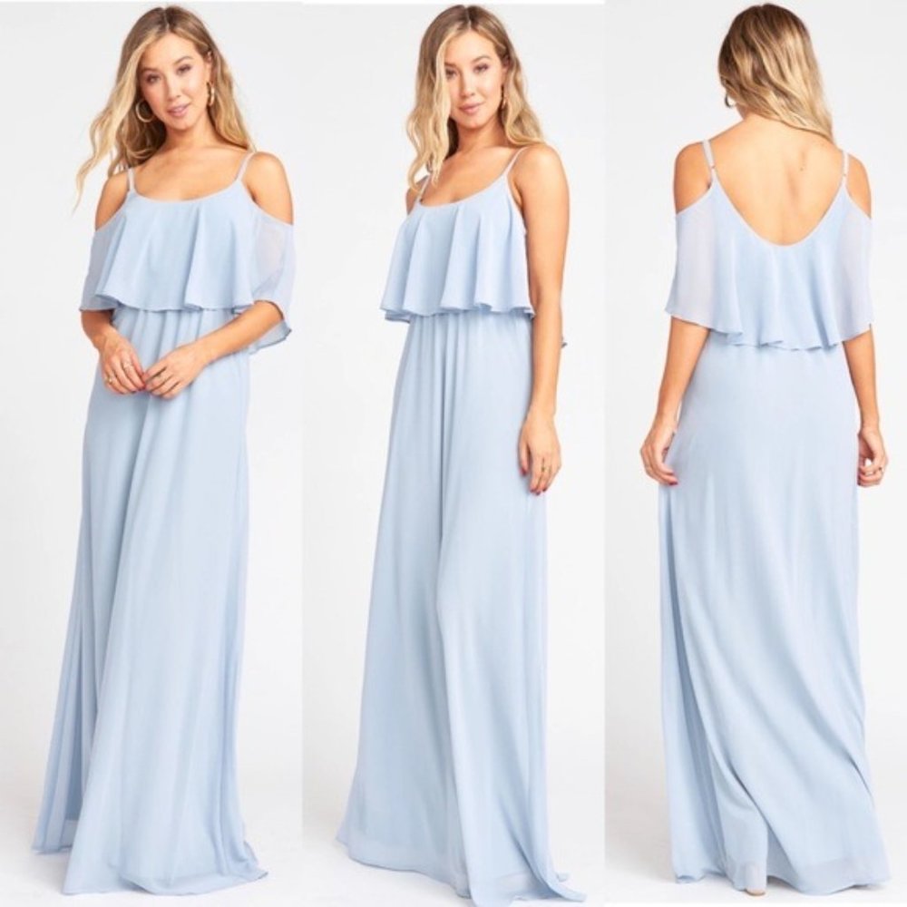 Show Me Your Mumu Caitlin Ruffle Maxi Dress in Steel Blue Chiffon Size Small